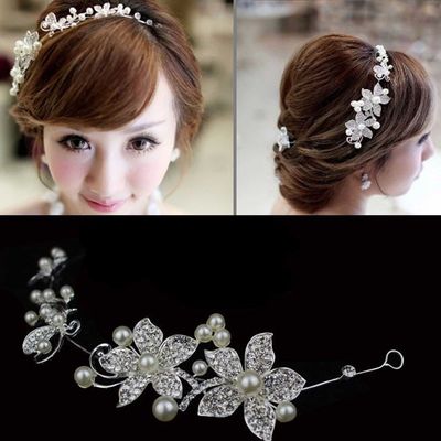Bridal wedding brides flower ivory pearl rhinestone crystal hair applique tiara - Thumbnail 4