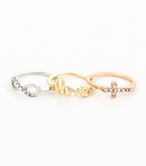 Tri-Color Love, Infinity & Cross Midi Ring Set