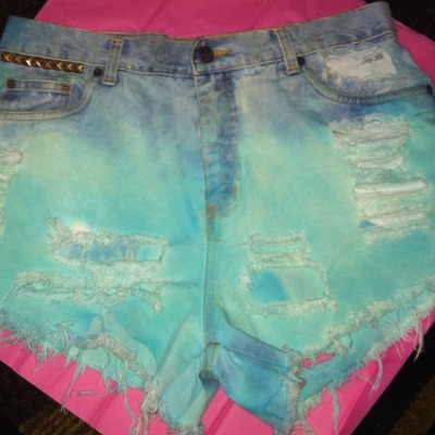 Frayed/dyed/studded denim shorts