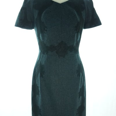Navy wool dress decorated with black lace