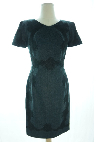 Navy wool dress decorated with black lace
