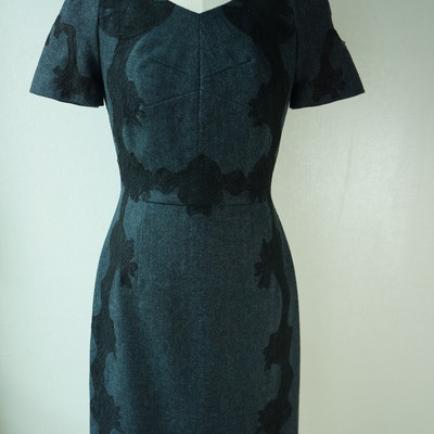 Navy wool dress decorated with black lace