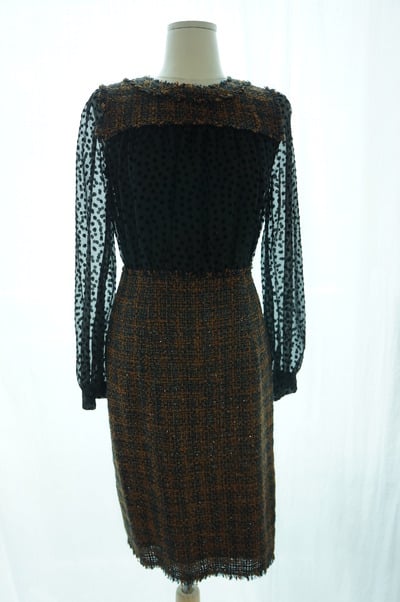 Tweed dress with see-through polka-dot sleeves