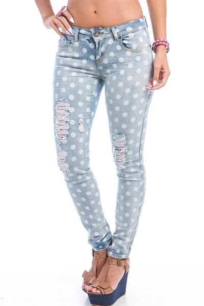 Polka dot light blue ripped jeans 
