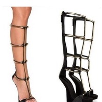 Gold Metal Strap Sandals Boots  - Thumbnail 1