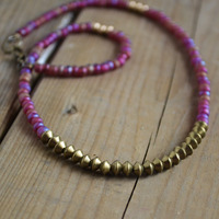 Pink Beaded Necklace, Back to School Pink Necklace, Women's Beaded Necklace, Short Pink Bead Necklace for Her - Thumbnail 3