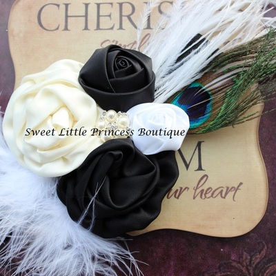 Black, ivory and white flower and feather headband