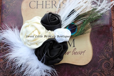 Black, Ivory and White Flower and Feather Headband