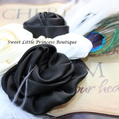 Black, ivory and white flower and feather headband