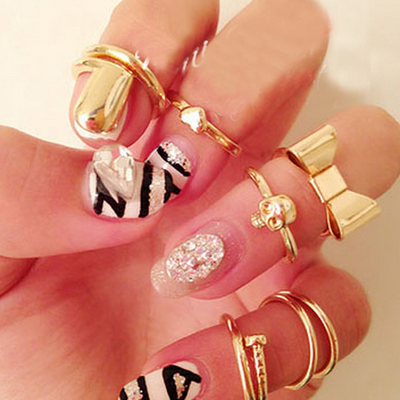 Gold skull bowknot heart midi rings - Thumbnail 4