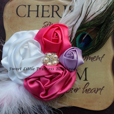 Pink, purple and white rosette and feather headband - Thumbnail 2