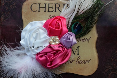 Pink, Purple and White Rosette and Feather Headband