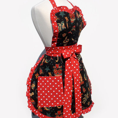 Apron vintage tattoo art polka dot  retro inspired full apron free shipping