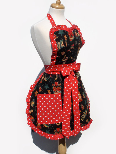 Apron Vintage Tattoo Art Polka Dot  Retro Inspired Full Apron FREE SHIPPING