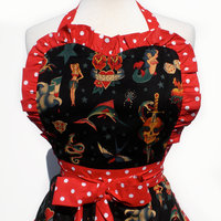 Apron Vintage Tattoo Art Polka Dot  Retro Inspired Full Apron FREE SHIPPING - Thumbnail 3