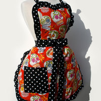 Apron  Mexican Sugar Skulls  Day Of The Dead Retro Inspired Full Apron FREE SHIPPING - Thumbnail 3
