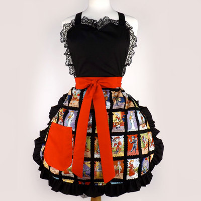 Ruffles and skulls loteria skeleton day of the dead apron