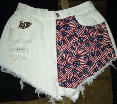 Size 6 Frayed/Studded/American Flag Printed white denim shorts