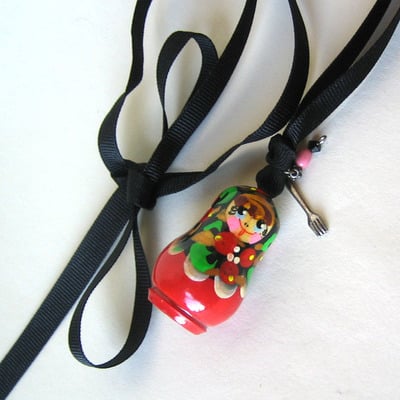 Rescued Red Matroyshka Necklace On Black Grosgrain