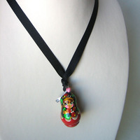 Rescued Red Matroyshka Necklace On Black Grosgrain - Thumbnail 2