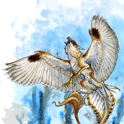 "sunspot gryphon" ink and watercolor painting