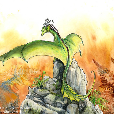 "little fern dragon" ink and watercolor painting