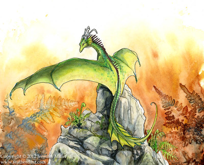 "Little Fern Dragon" Ink and Watercolor Painting