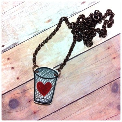 {shrinky dink} heart in a trash bin necklace