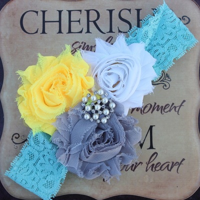 Gray, yellow and white shabby chiffon flowers on blue lace headband