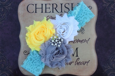 Gray, Yellow and White Shabby Chiffon Flowers on Blue Lace Headband