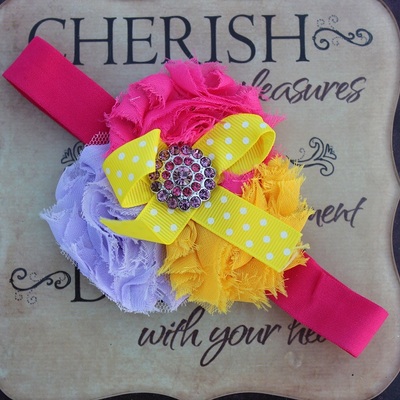 Yellow, pink and purple shabby chiffon flower headband - Thumbnail 4