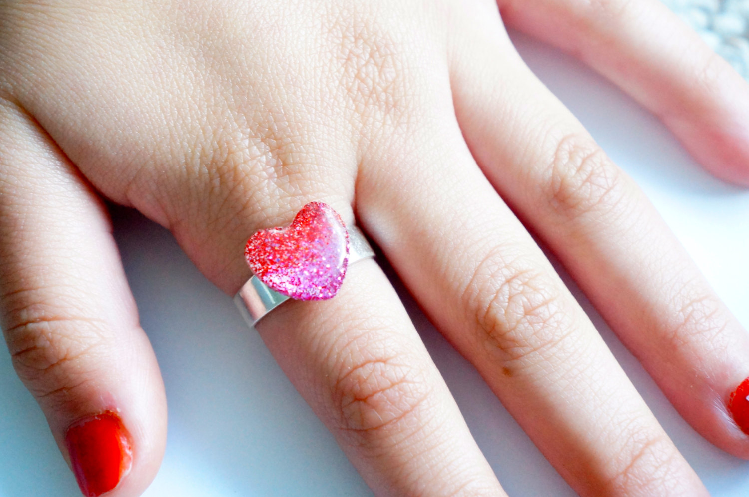 Red and Pink Glitter Heart Ring on Storenvy