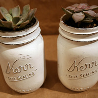 Vintage Style Matte White Mason Jar and Succulent - Thumbnail 2