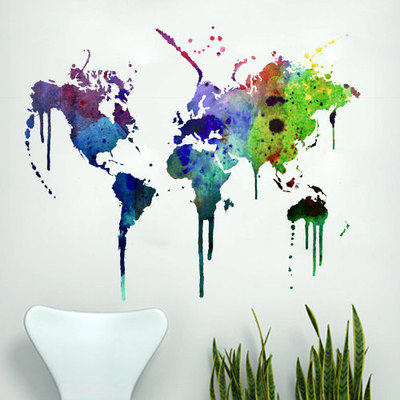 World map wall decal watercolor vinyl