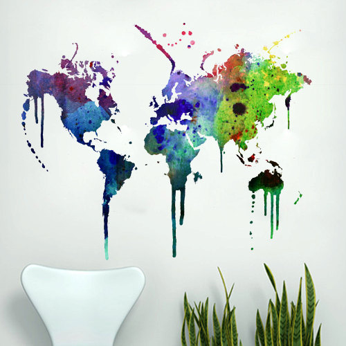 World Map Wall Decal Watercolor Vinyl