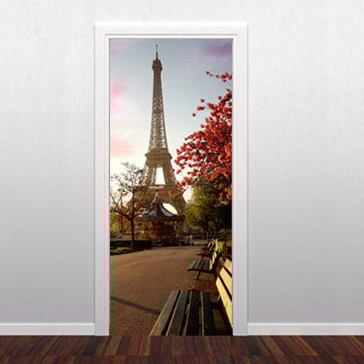 Decorative vinyl door to paris city wall mural