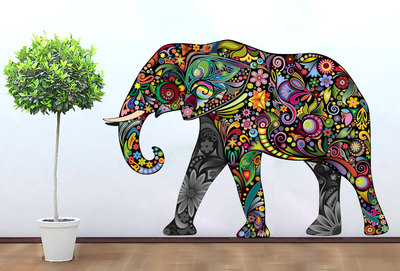 Colorful Elephant Floral Sticker Wall Print Art