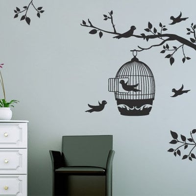 Floral wall decal birds cage free sticker