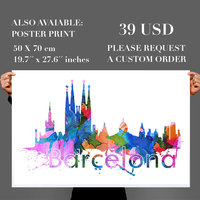 Barcelona City Skyline Watercolor Wall Art Print - Thumbnail 2