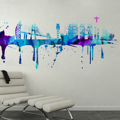 Lisbon city skyline watercolor wall art sticker