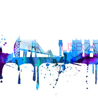 Lisbon City Skyline Watercolor Wall Art Sticker - Thumbnail 1