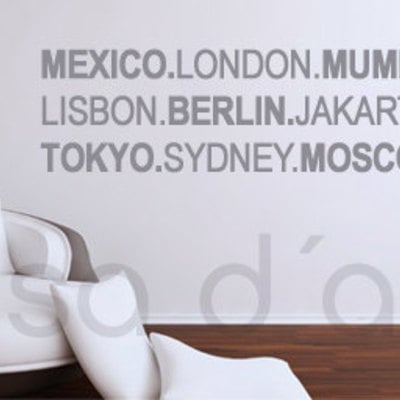 World wide cities wall decal text