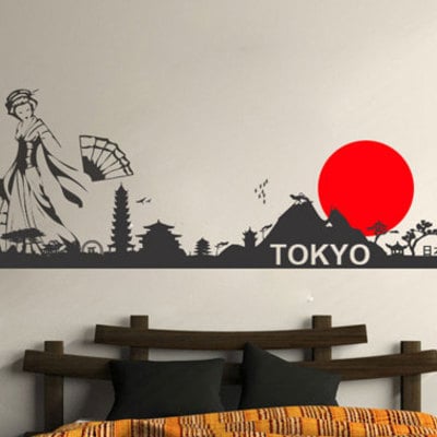 Tokyo skyline rising sun oriental sticker wall decor