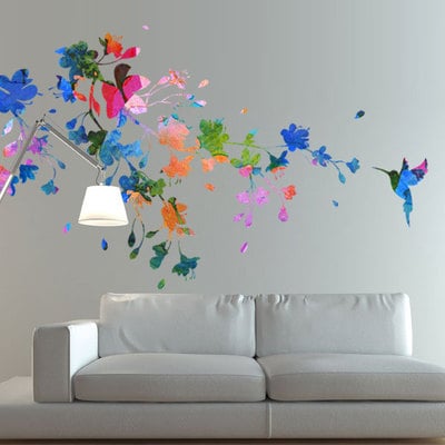 Hummingbird floral watercolor wall art decal