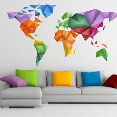World map origami color sticker wall decor