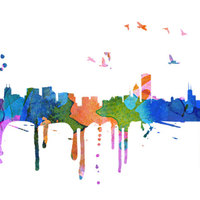 Chicago Skyline Watercolor City Decal Art Print - Thumbnail 1