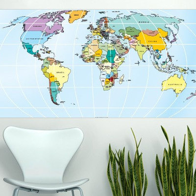 Wall decor printed rectangular world map vinyl