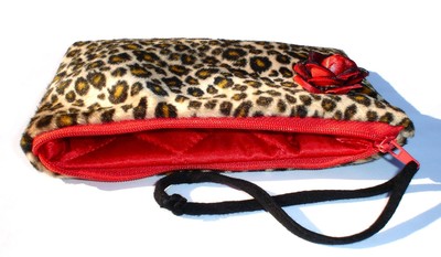 Leopard faux fur pin-up wallet wristlet with rose rockabilly w/zipper Big enough 4 Make-up