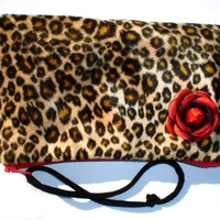 Leopard faux fur pin-up wallet wristlet with rose rockabilly w/zipper Big enough 4 Make-up - Thumbnail 1