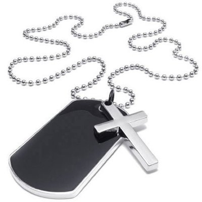 Army style dog tag cross pendant unisex necklace (black/silver)